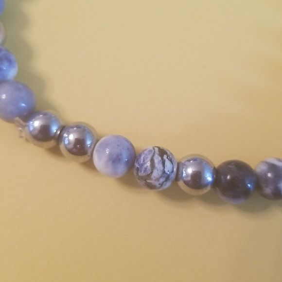Mens 6mm Beaded Sodalite 8" Expansion bracelet With Silvertone Beads New Custom - Picture 2 of 7